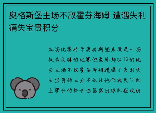 奥格斯堡主场不敌霍芬海姆 遭遇失利痛失宝贵积分