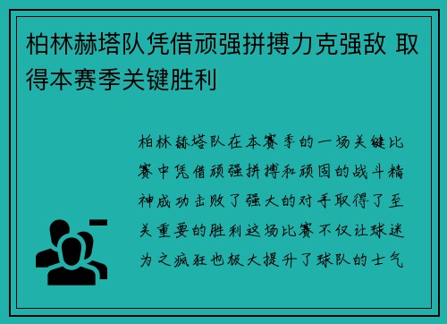 柏林赫塔队凭借顽强拼搏力克强敌 取得本赛季关键胜利