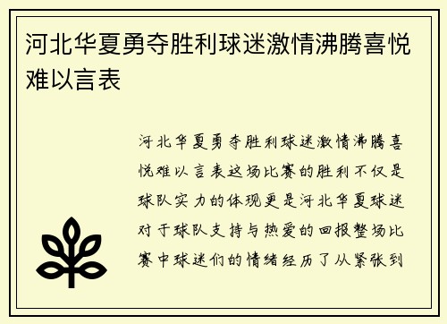 河北华夏勇夺胜利球迷激情沸腾喜悦难以言表