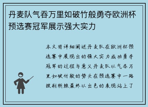 丹麦队气吞万里如破竹般勇夺欧洲杯预选赛冠军展示强大实力