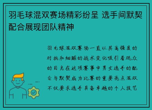 羽毛球混双赛场精彩纷呈 选手间默契配合展现团队精神
