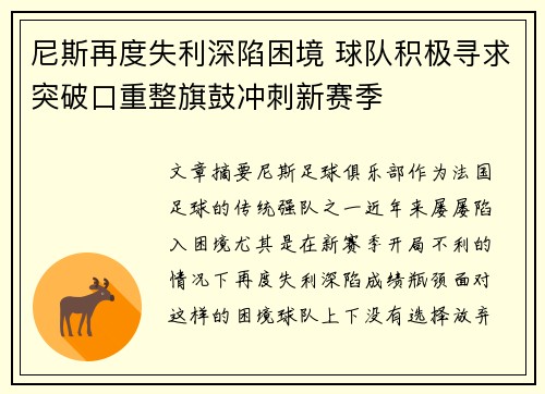 尼斯再度失利深陷困境 球队积极寻求突破口重整旗鼓冲刺新赛季